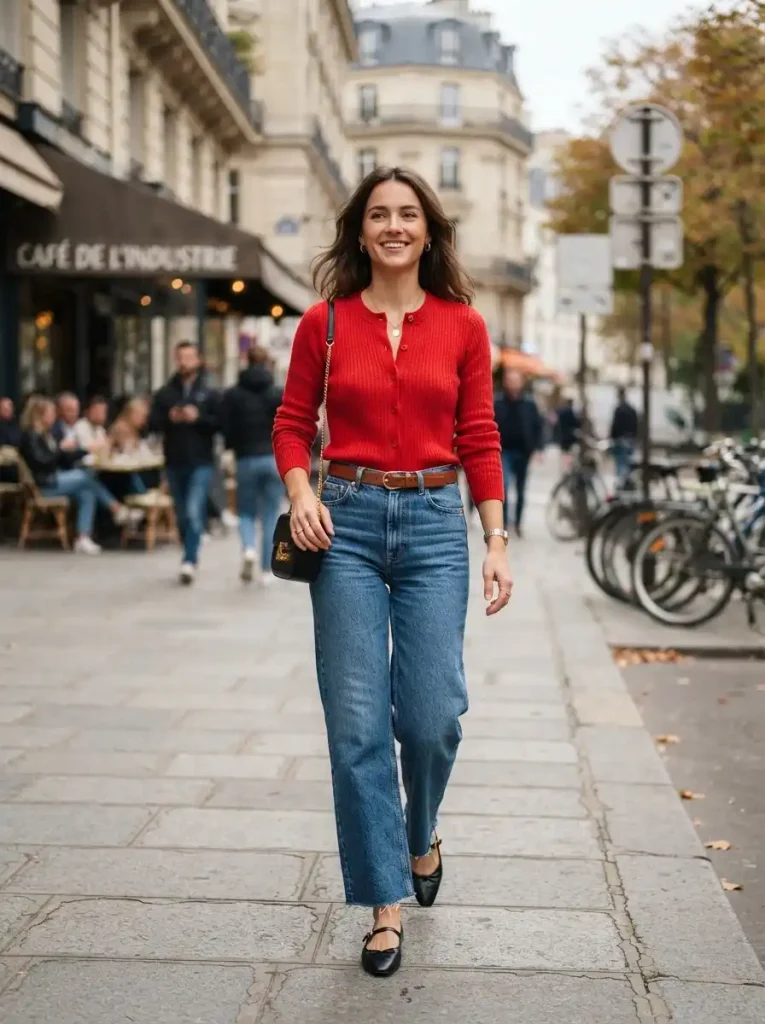 10. Red Cardigan With Wide-Leg Jeans