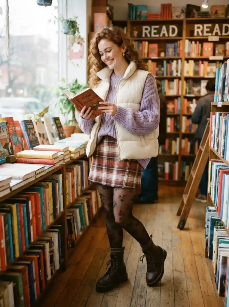10. Rust Plaid Skirt with a Lavender Oversized Sweater