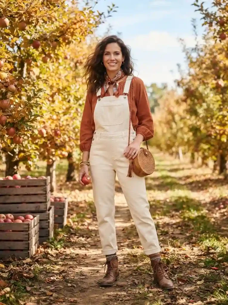 10. Terracotta Blouse With Cream Denim Overalls