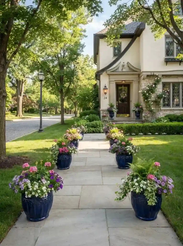 10. Use Repeating Flower Pots for a Flexible Border