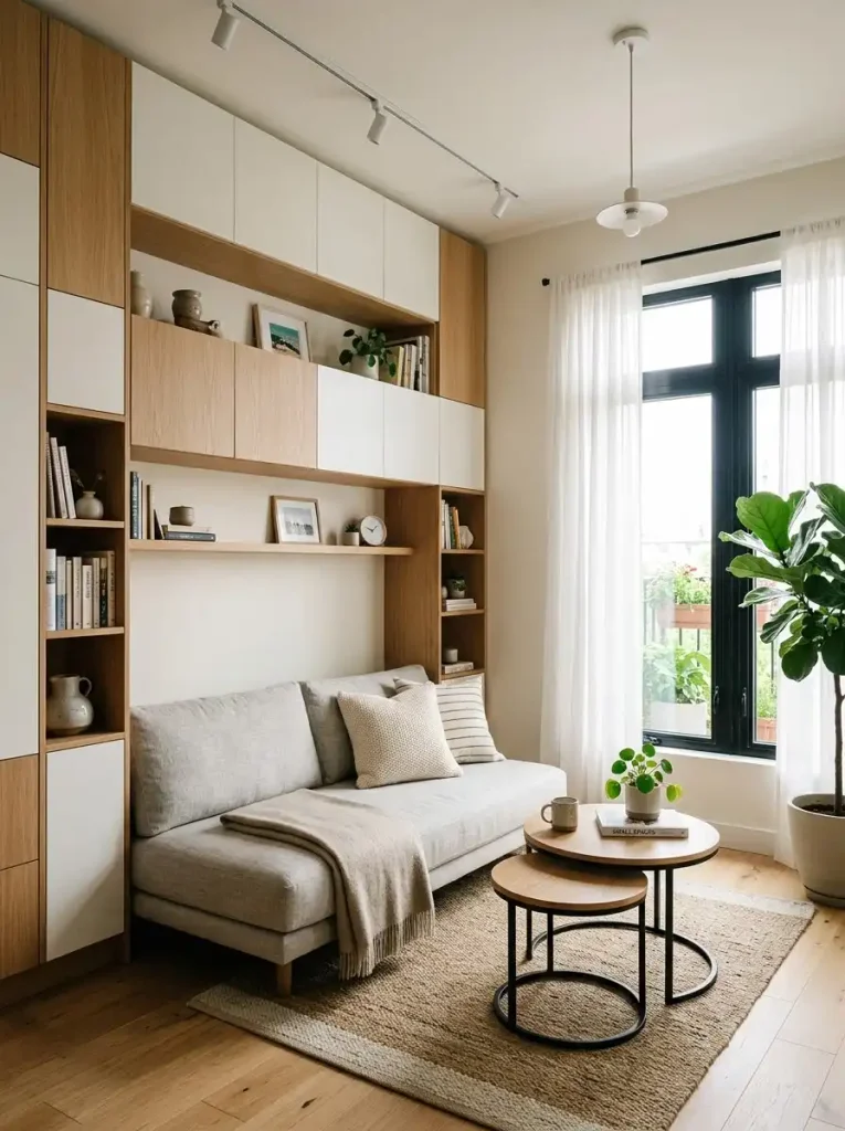 10. Wall-Mounted Storage With Floor-Level Seating