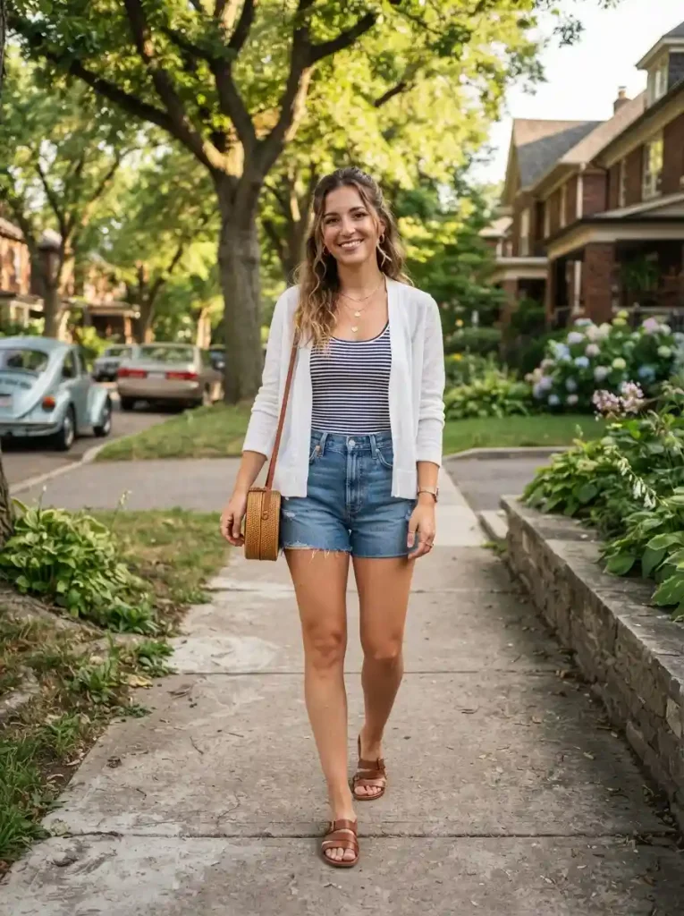 10. White Cardigan With Denim Shorts for Transitional Weather