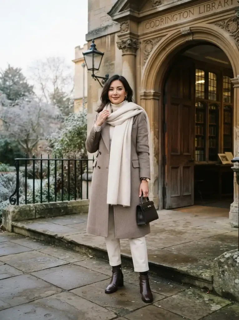 11. Double-Breasted Coat and Cashmere Scarf