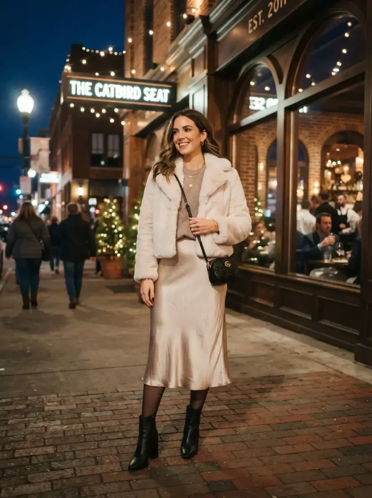 11. Faux-Fur Coat, Satin Skirt, Sweater, and Heeled Boots