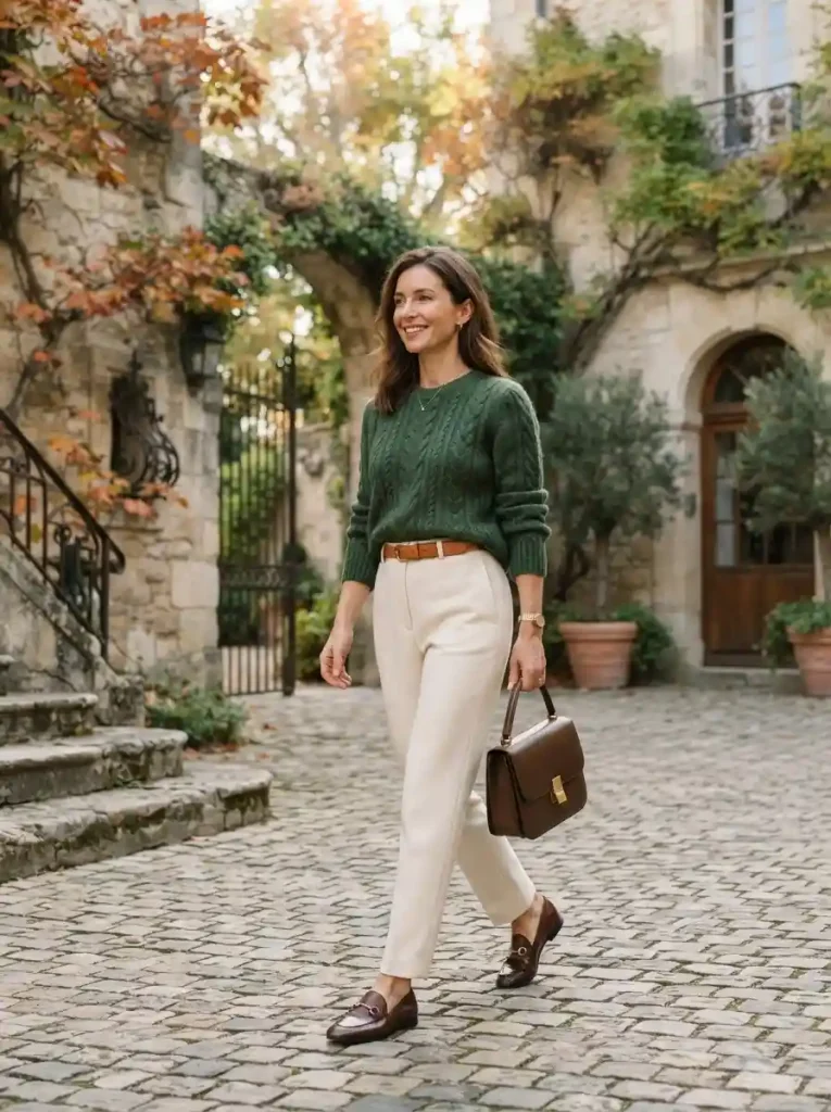 11. Forest Green Sweater with Cream Trousers