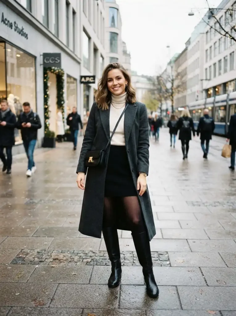 11. Long Coat With a Mini Skirt and Tall Boots