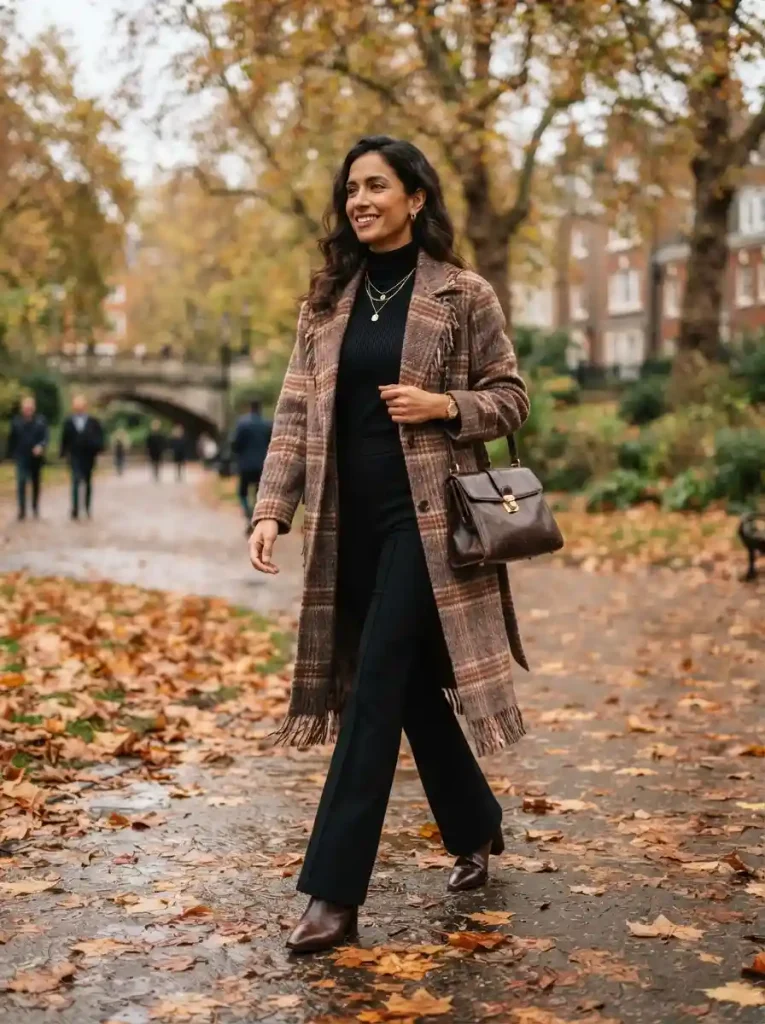 11. Long Plaid Coat With Black Flared Pants