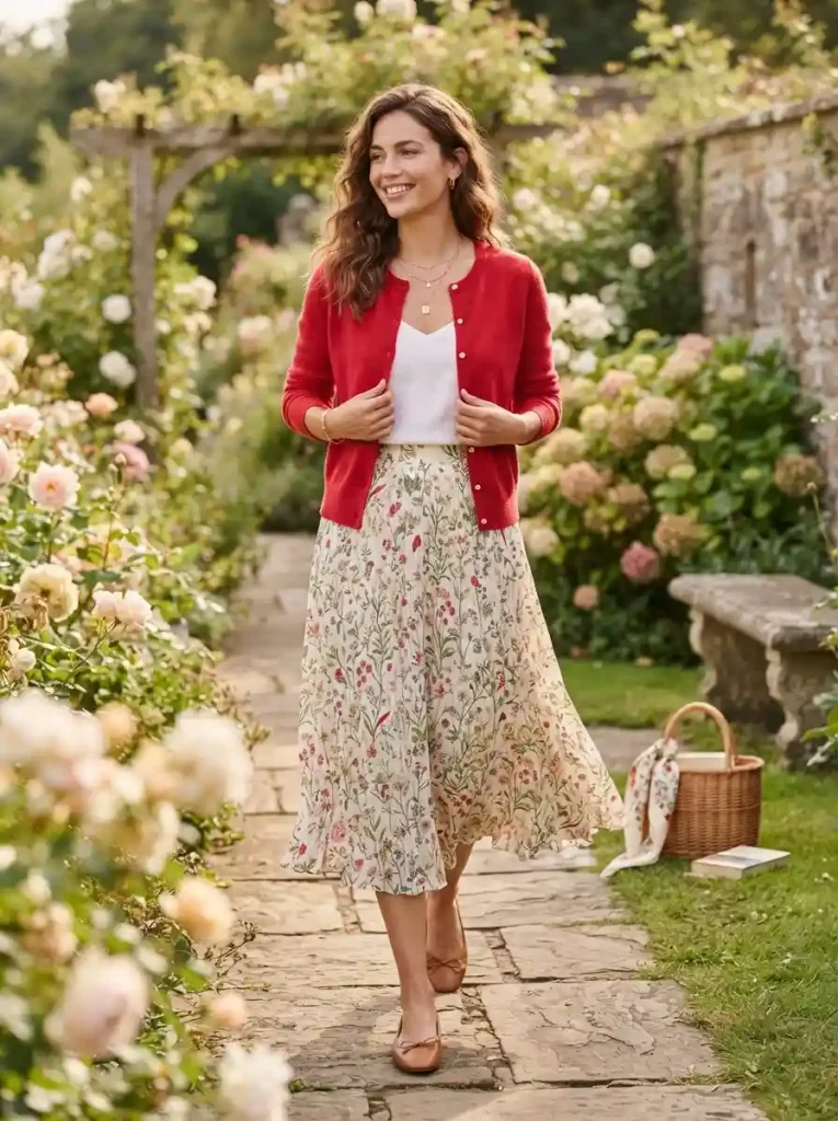 11. Red Cardigan With a Floral Midi Skirt