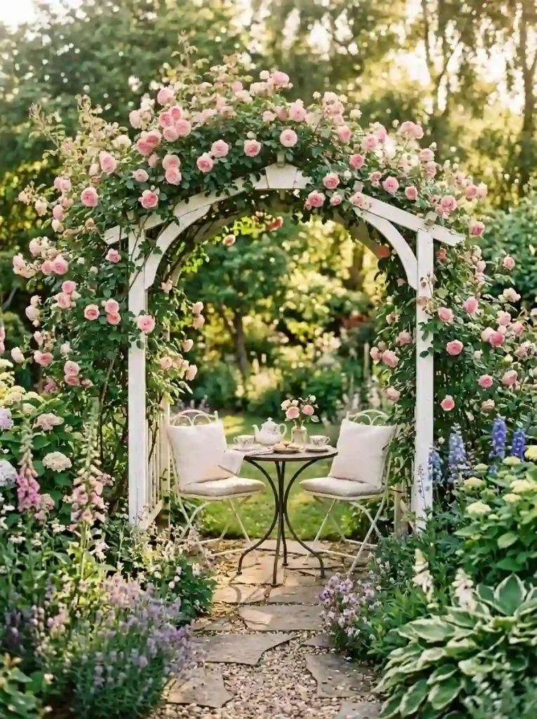 11. Rose-covered arbor with bistro table