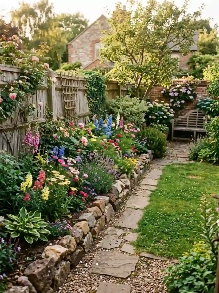 11. Rustic Stone-Edged Beds Along a Wooden Fence