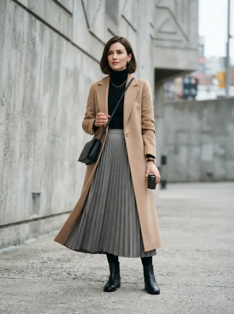 11. Stone-Gray Maxi Skirt with a Camel Coat