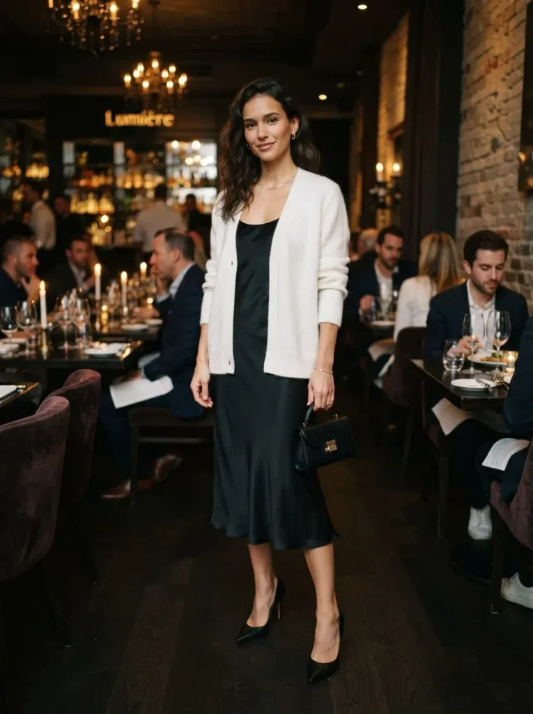 11. White Cardigan With a Black Slip Dress