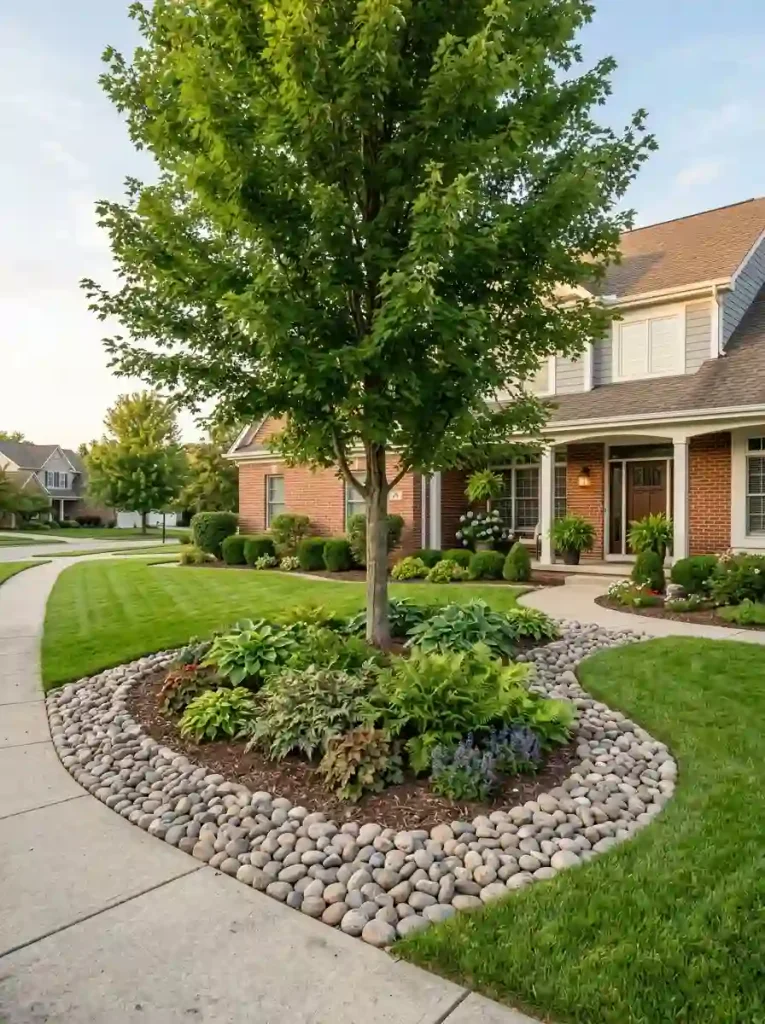 12. Add a Curved Rock Bed Around a Small Tree