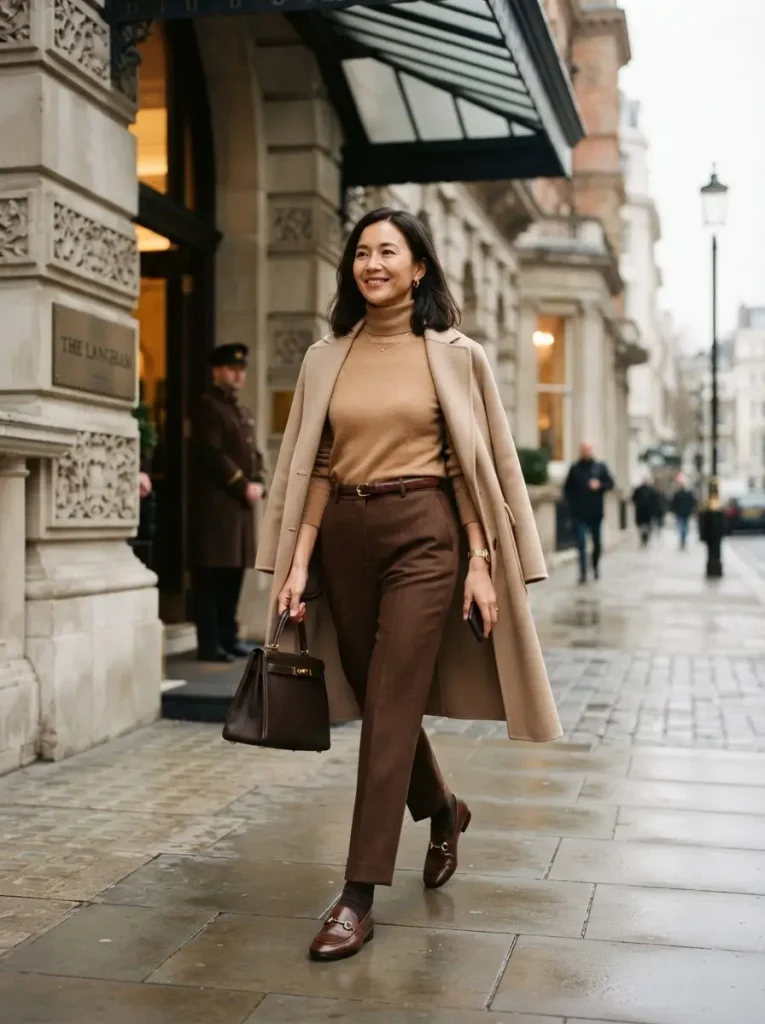 12. Camel Sweater and Chocolate Trousers