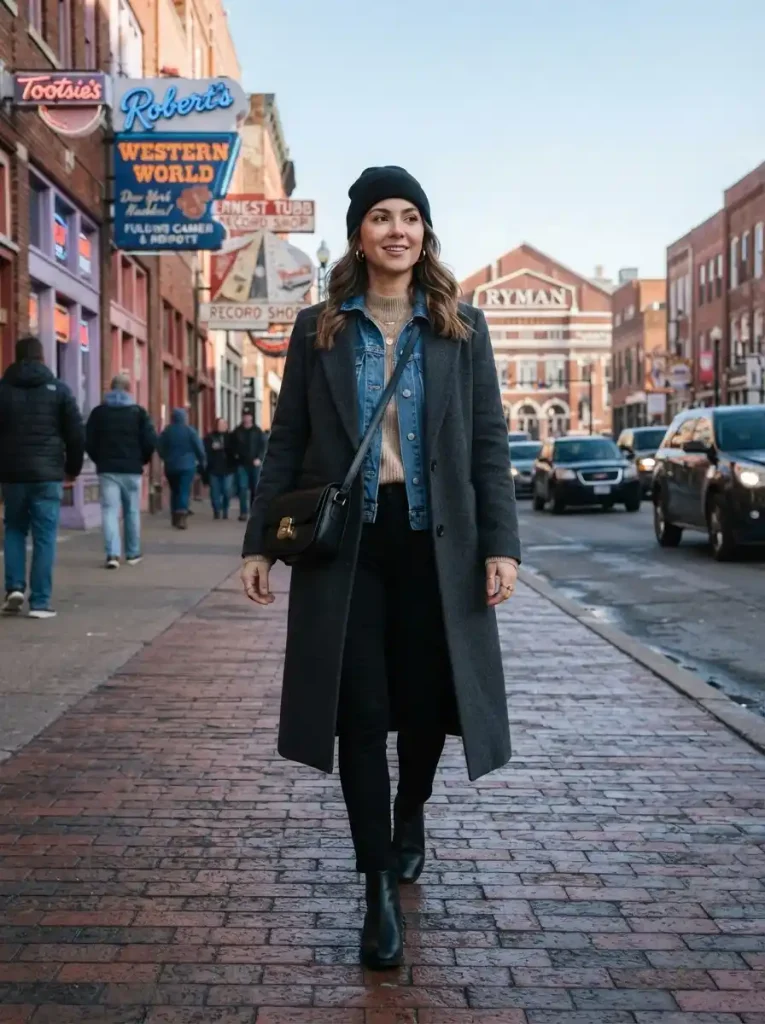 12. Denim Jacket Layered Under a Wool Coat