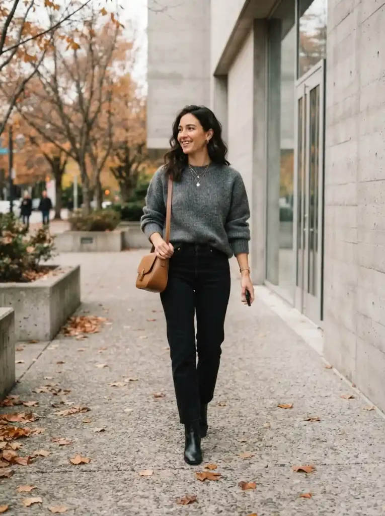 12. Gray Chunky Sweater with Black Jeans