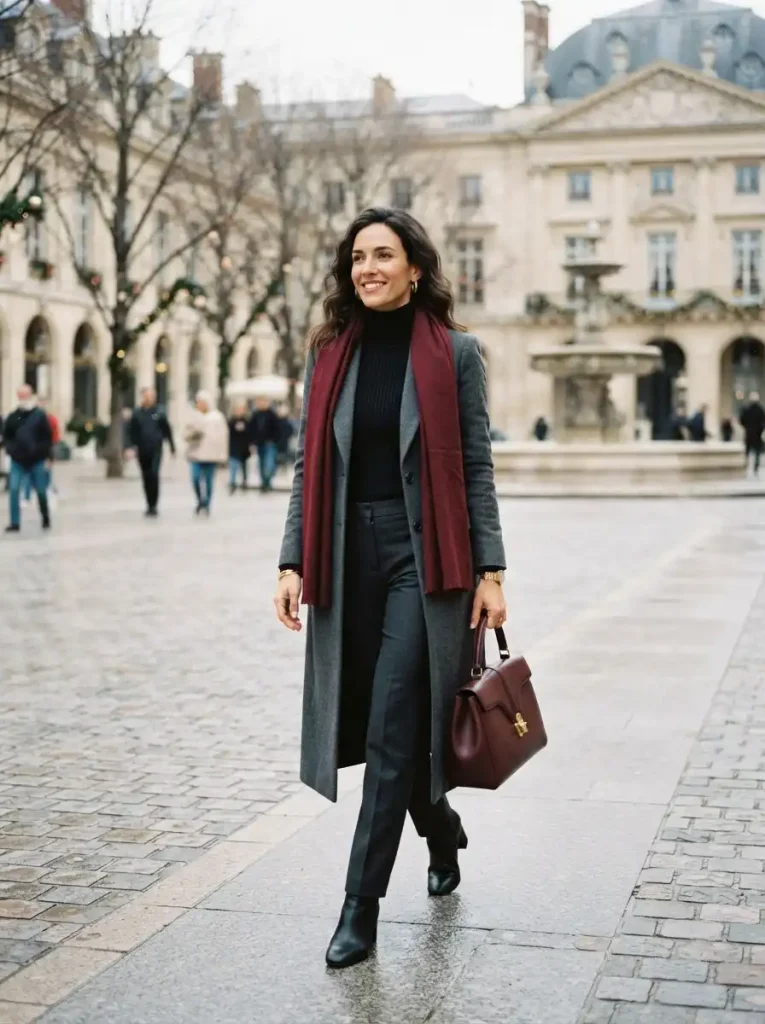 12. Gray Long Coat With Burgundy Accessories