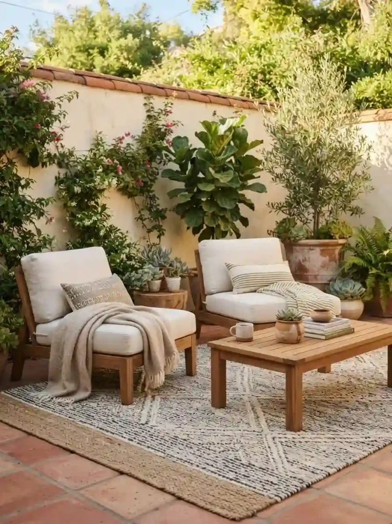 12. Layered patio with an outdoor rug