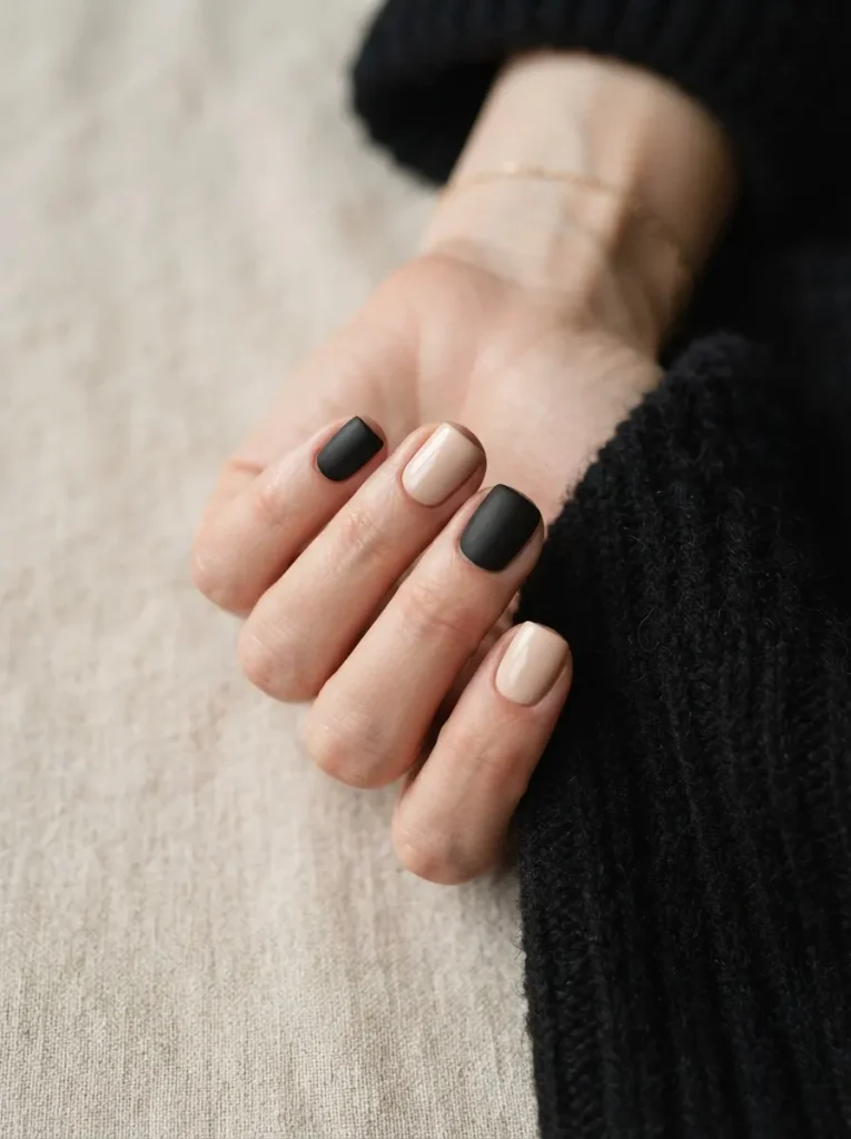 12. Matte Black and Nude Nails