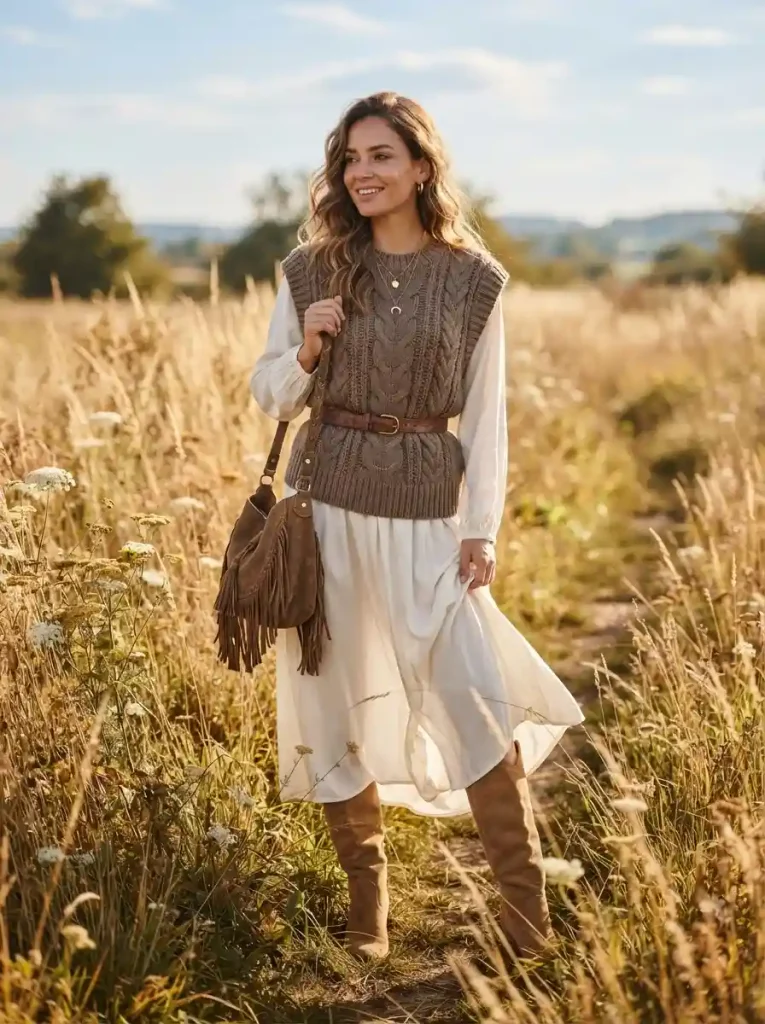 12. Mocha Knit Vest Over a Flowing White Dress
