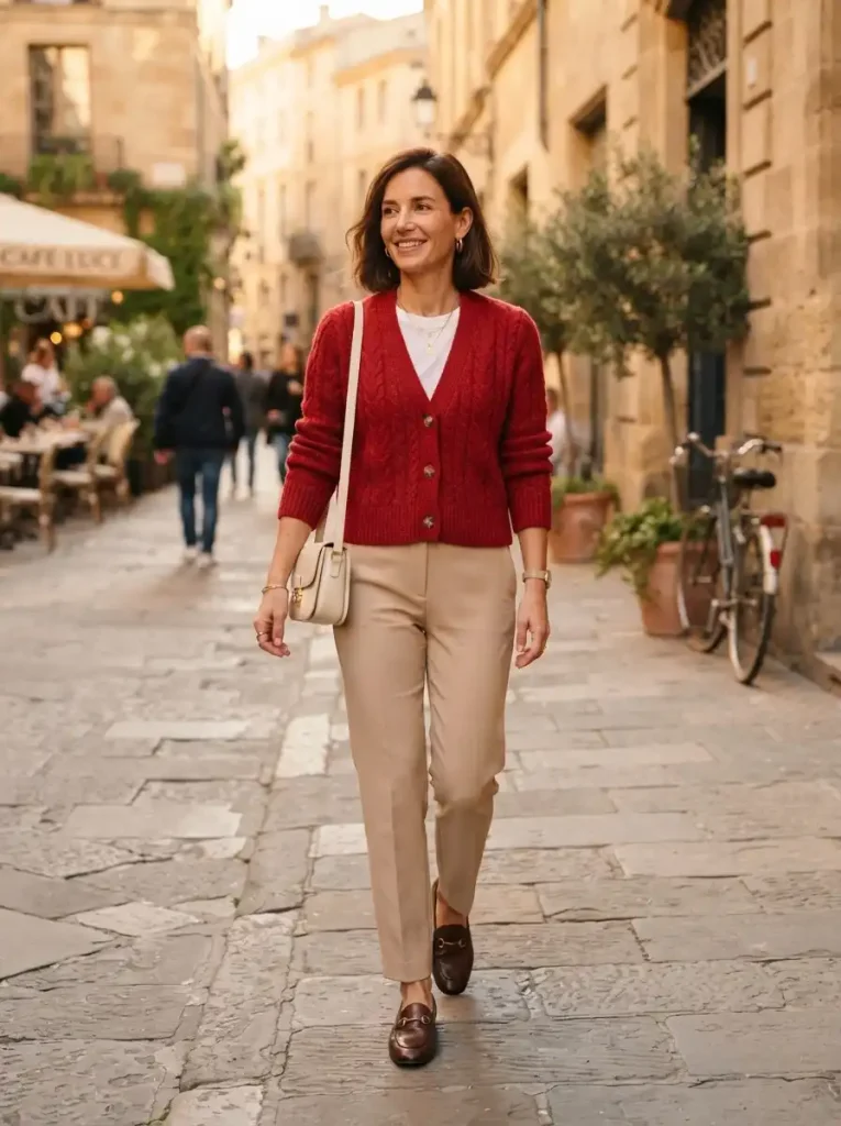 12. Red Cardigan With Beige Pants