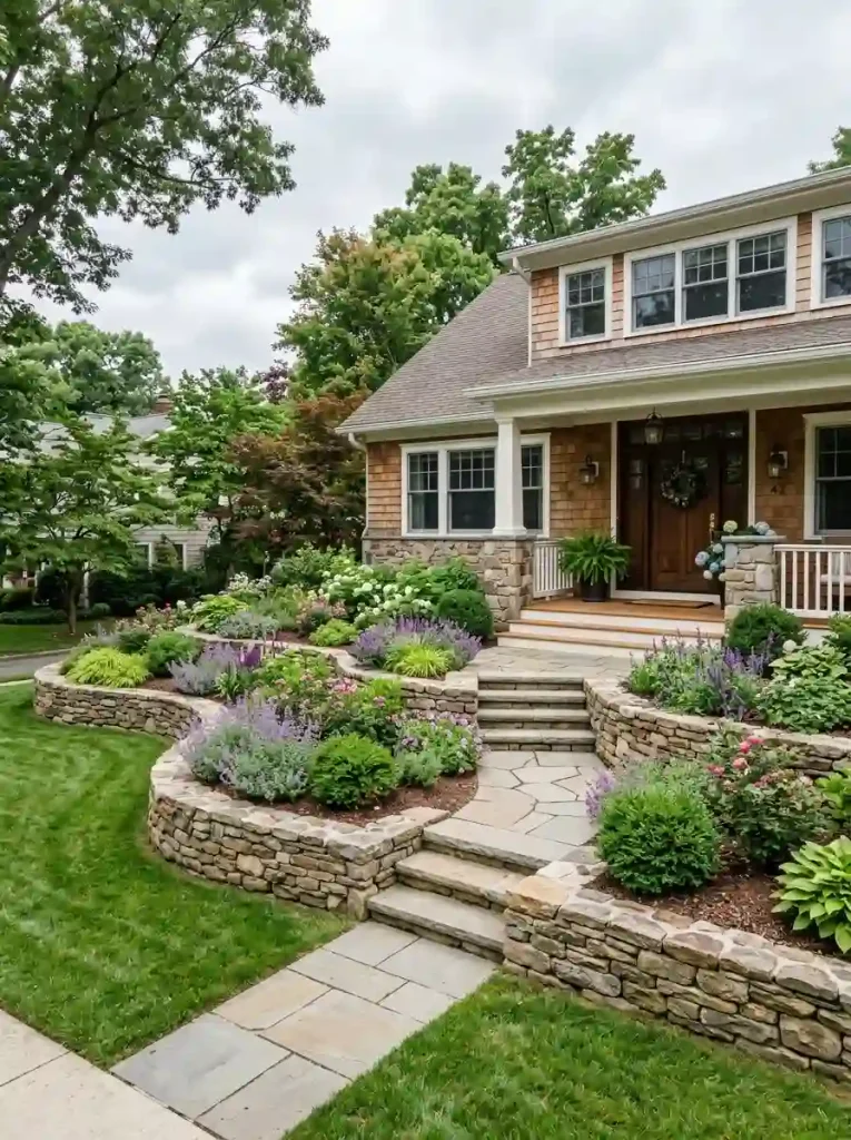 12. Use Raised Stone Beds for a Defined Front Garden