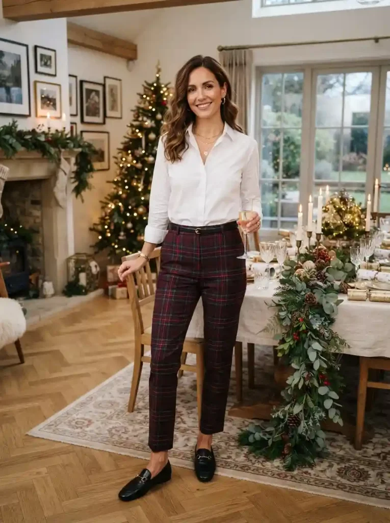 12. White Blouse and Plaid Trousers