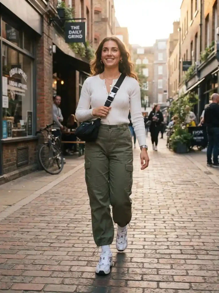 12. White Cardigan With Cargo Pants for a Relaxed Look