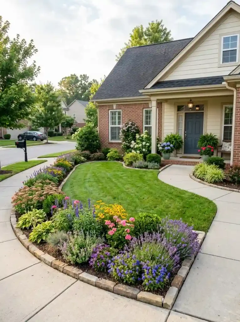 13. Add a curved flower border around the lawn