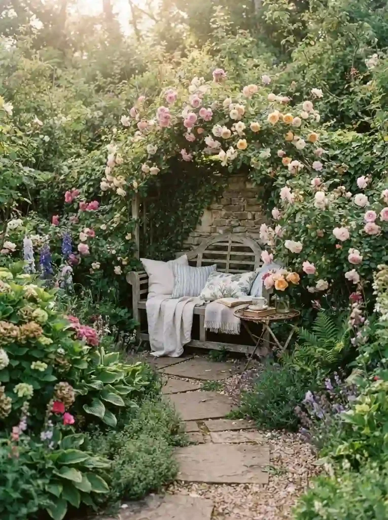 13. Add roses around a backyard seating nook