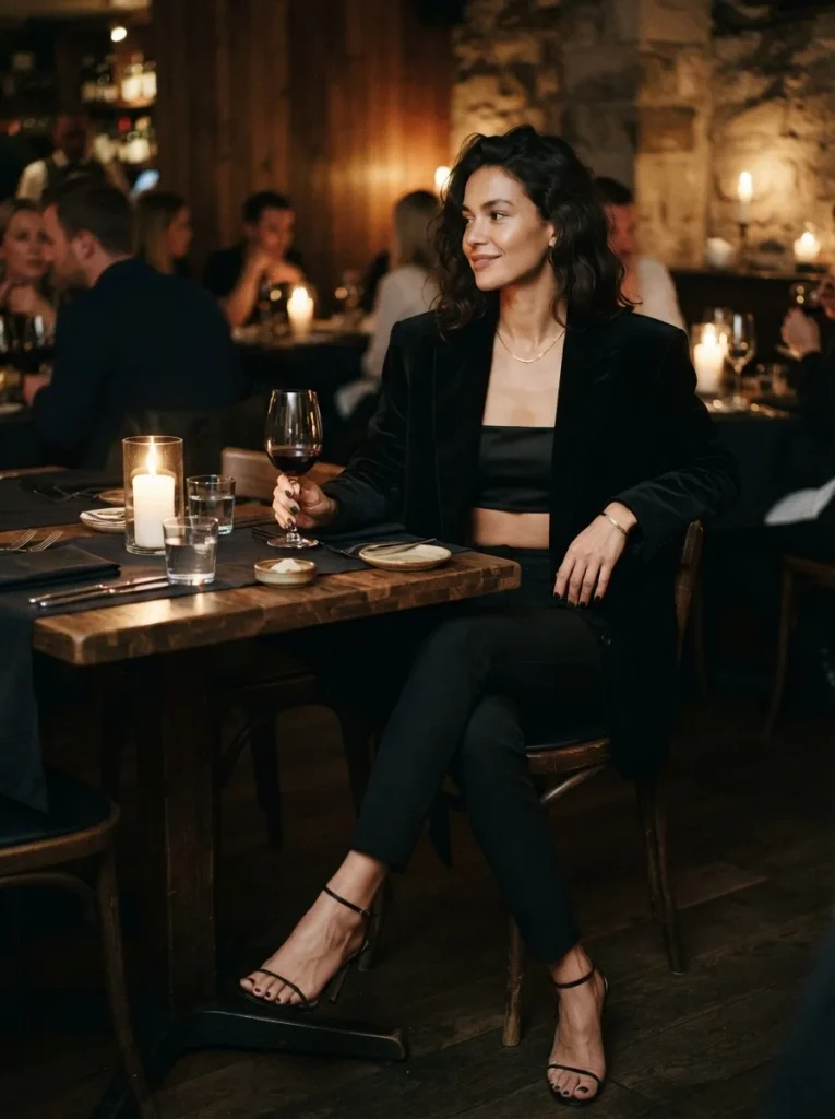 13. Black Velvet Blazer, Bare Shoulders