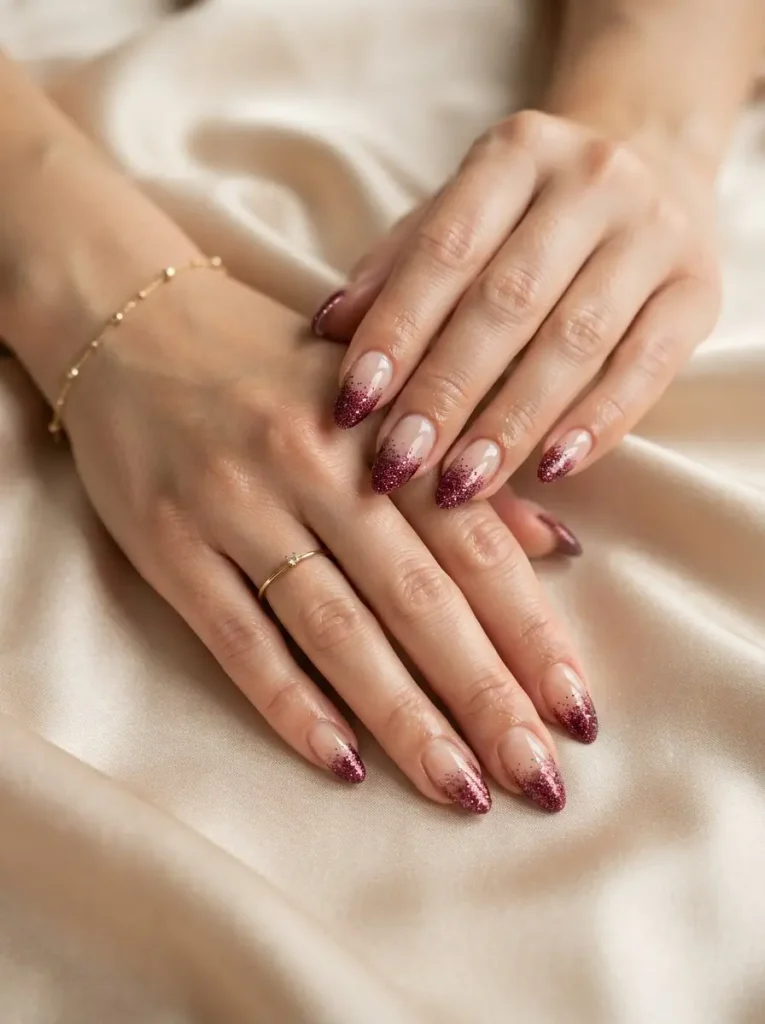 13. Burgundy Glitter Tips