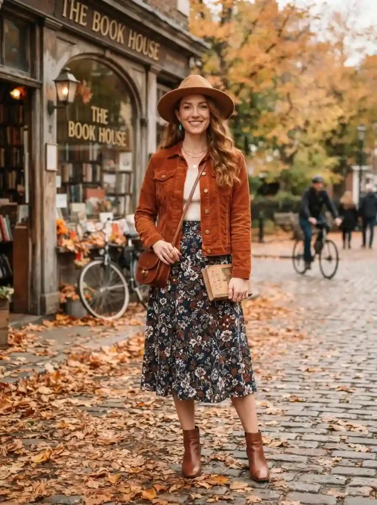 13. Burnt Orange Corduroy Jacket With Floral Midi Skirt