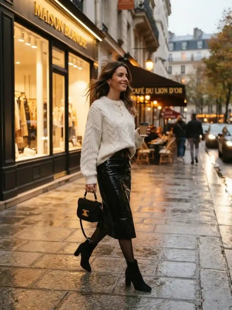 13. Chunky Sweater with a Leather Midi Skirt