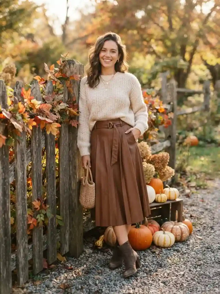 13. Cream Sweater With a Brown Leather Skirt
