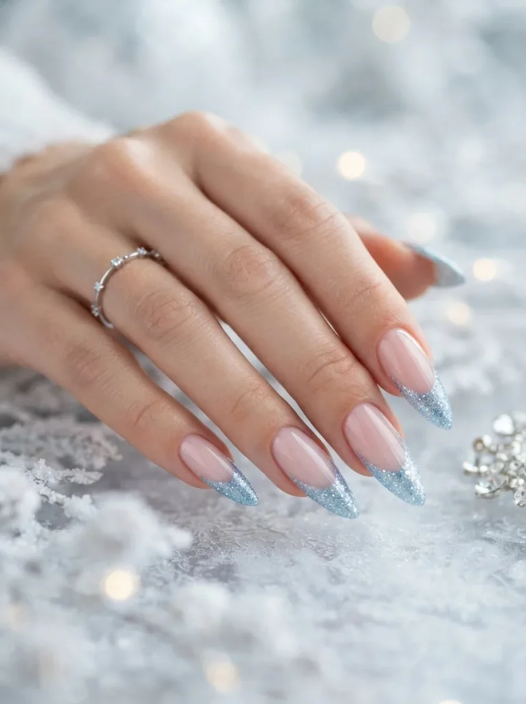 13. Icy Blue Glitter French Nails