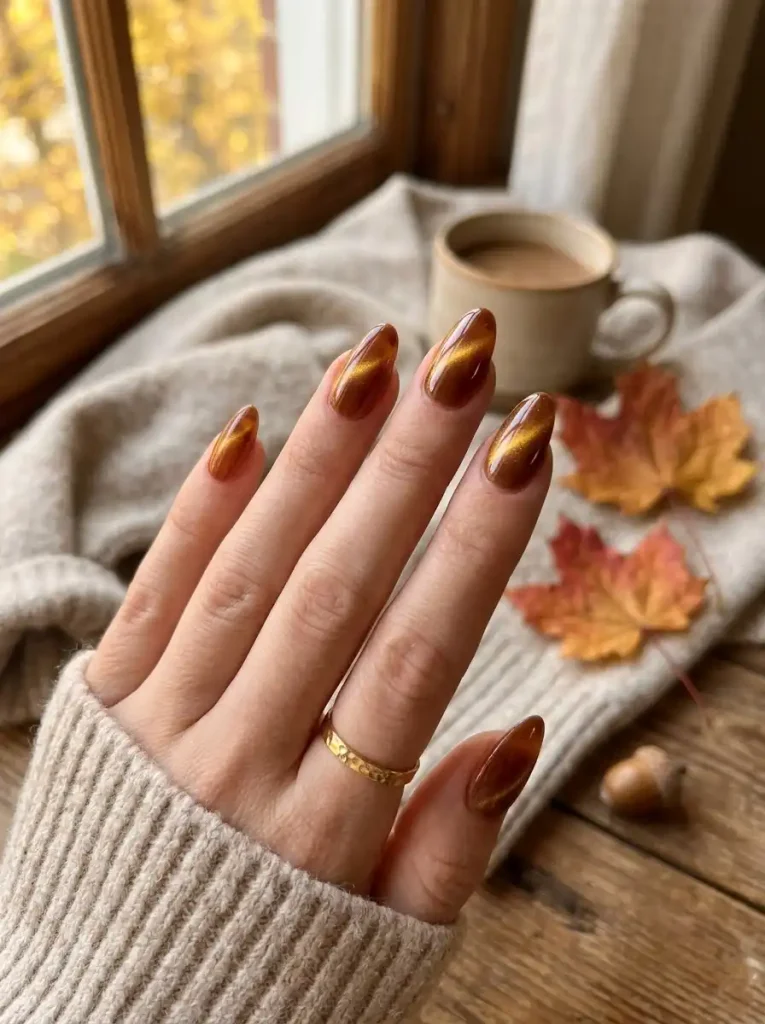 13. Maple Syrup Cat Eye Nails