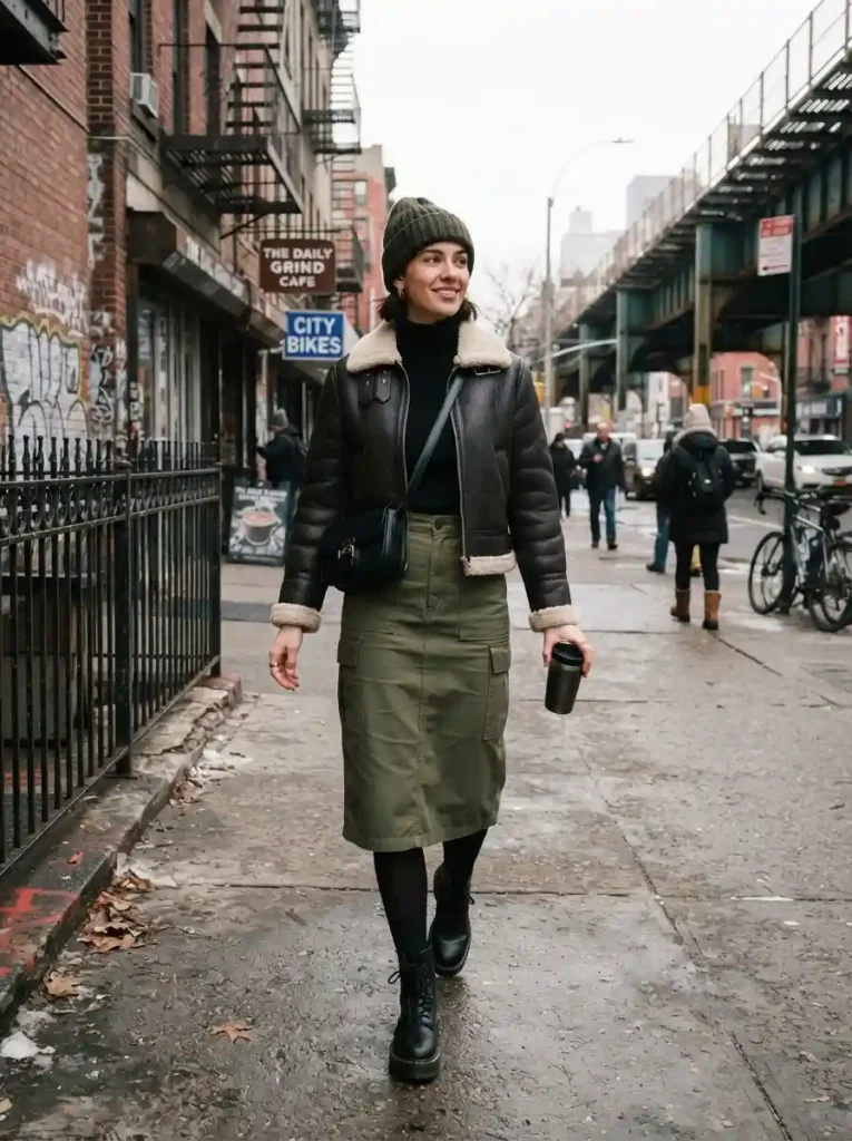 13. Olive Utility Skirt with a Black Sweater