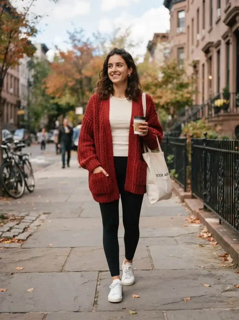 13. Oversized Red Cardigan With Leggings
