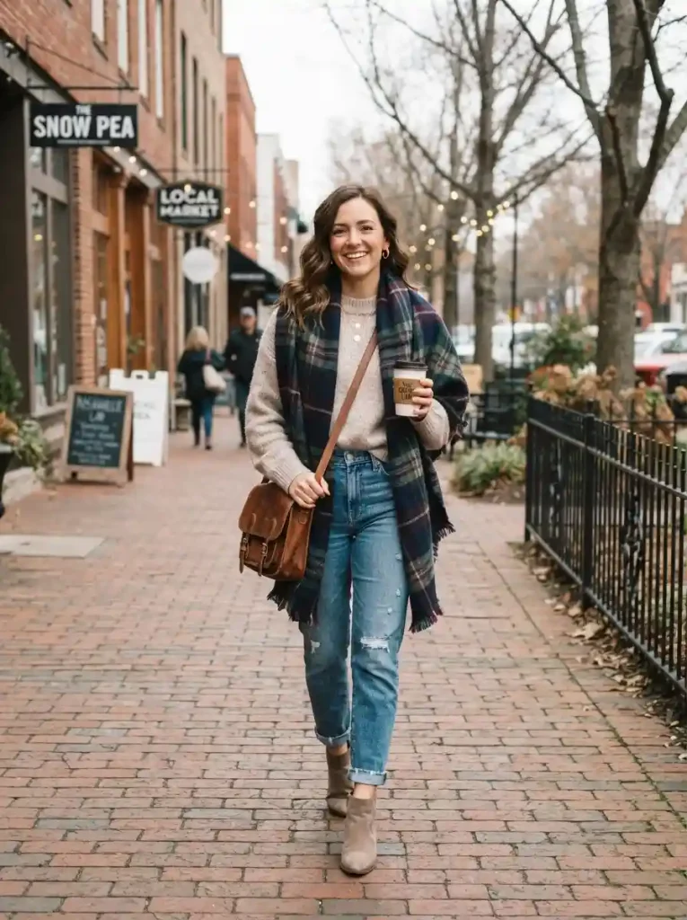 13. Oversized Scarf, Sweater, Jeans, and Suede Boots