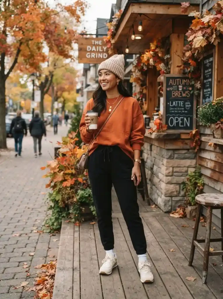 13. Rust Sweatshirt with Black Joggers