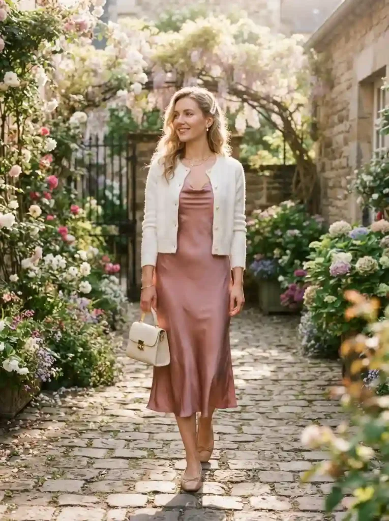 13. White Cardigan With a Satin Midi Dress