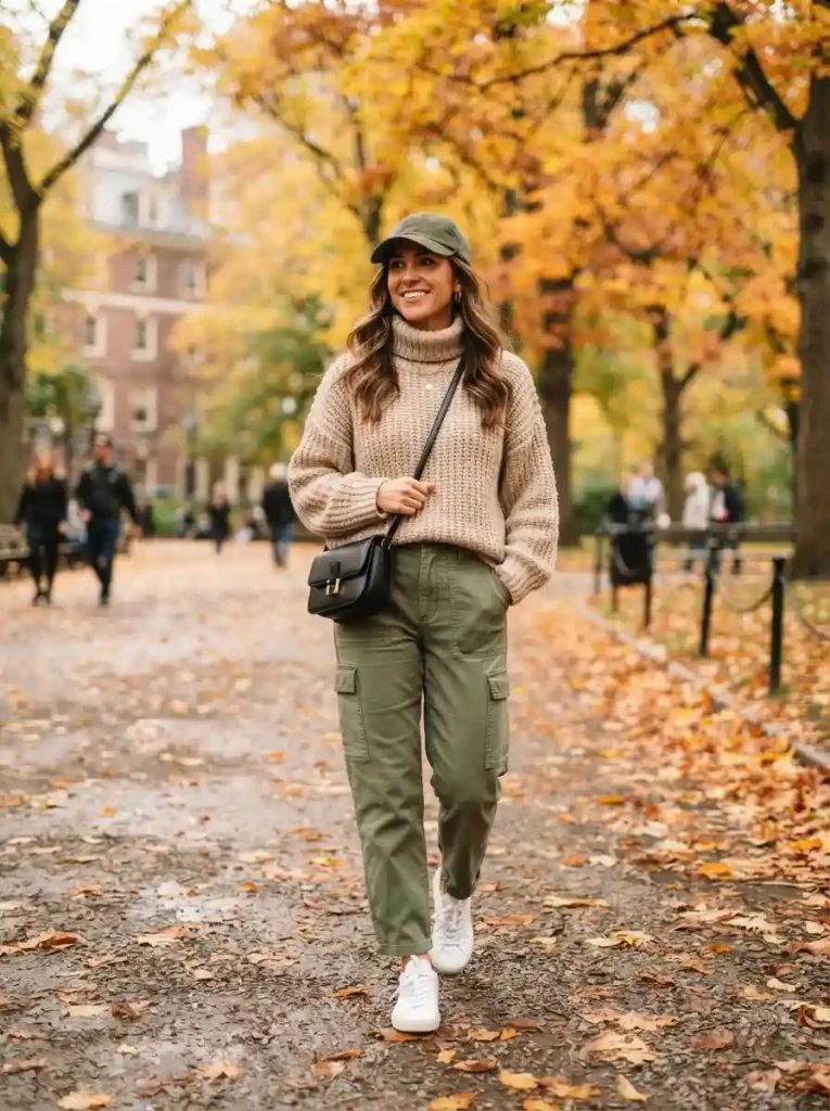 14. Beige Sweater with Relaxed Cargo Pants