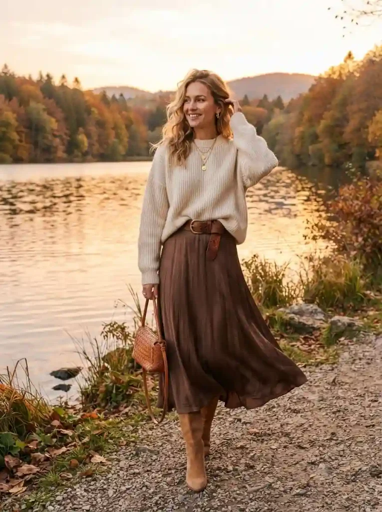 14. Chocolate Brown Maxi Skirt With Cream Sweater