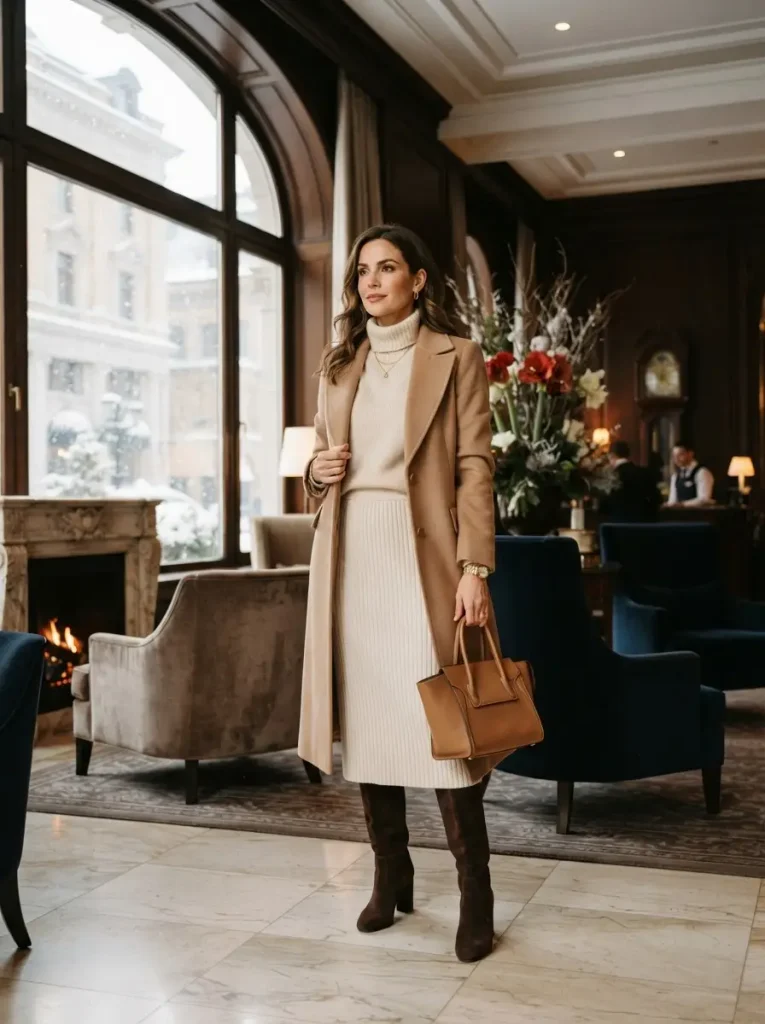 14. Cream Knit Skirt Set with a Long Wool Coat
