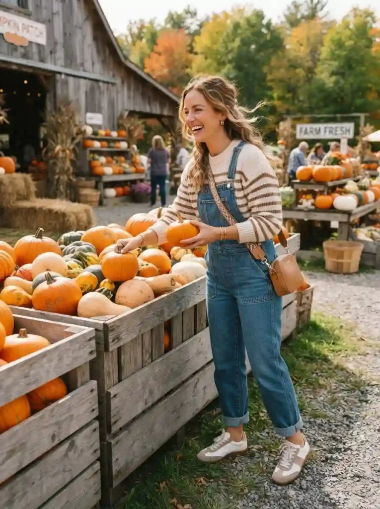 14. Denim Overalls With a Striped Sweater