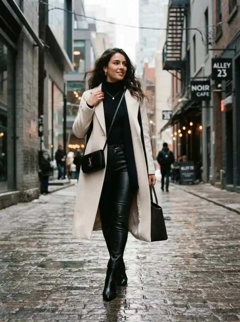 14. Long Coat With Leather Pants