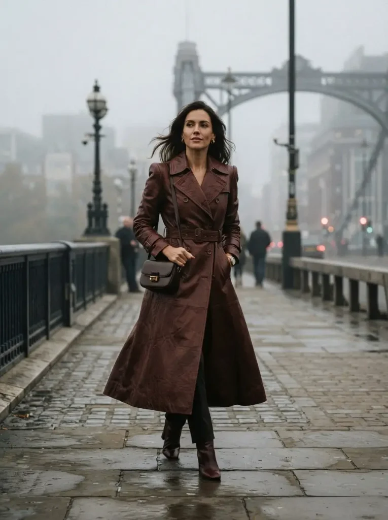 14. Mahogany Leather Trench, Minimalist Base
