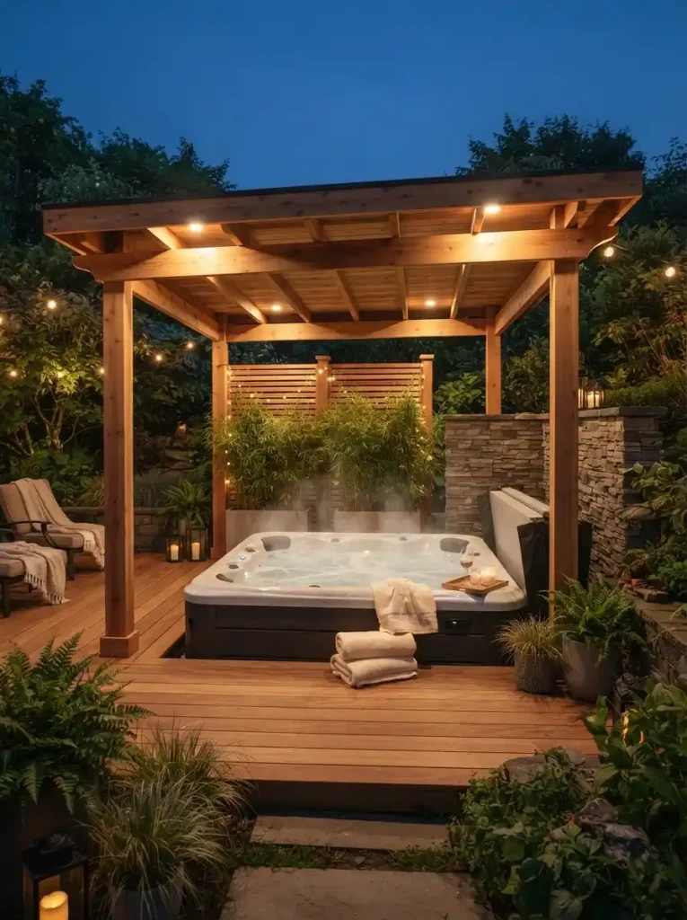 14. Pergola With a Roof Over a Hot Tub