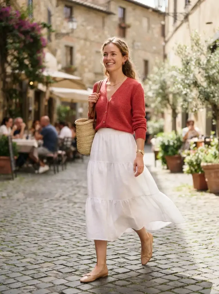 14. Red Cardigan With a White Midi Skirt